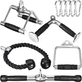 uxcell Tricep Press Down Cable Machine Attachment 1 Set, V-Shaped Bar, Pull Down Straight Bar, Double D Handle, D Handle, Tricep Rope for Home Gym Accessories, Silver