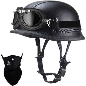German Style Motorcycle Helmet, Retro Leather Motorcycle Half Helmet Skull Cap for Adult Men Women, Vintage Open Face Half Shell Helmet for Cruiser Scooter Chopper, DOT Approved
