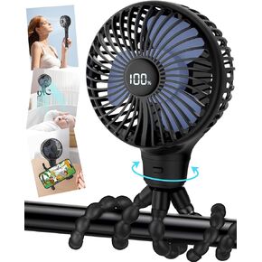 ECLIP Portable Stroller Fan, Wide-Area Oscillation, LED Power Display, 4 Speeds, Flexible Tripod Clip On Fan, 3600 mAh Handheld Desk Cooling Baby Fan for Car Seat Crib Bike Treadmill (4 Inches Black)