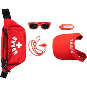 Lifeguard 6 Piece Accessories Kit - Fanny Pack First Aid Pouch w/Adjustable Waist Hip Strap, Red Sun Visor w/Adjustable Velcro Strap, Whistle & Lanyard, Red Sunglasses, Rescue Tube Float Keychain