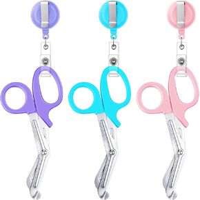 Chumia 3 قطع من مقصات الصدمات، مقص ضمادة، مقص تمريض بحجم الجيب الصغير مع بكرات شارة قابلة للسحب، مقص ضمادة أمان من الفولاذ المقاوم للصدأ، مشبك بكرة شارة للخياطة للاستخدام العام (لون زاهي) in Kuwait