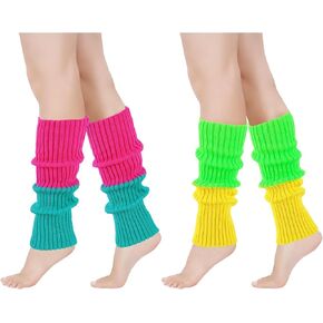 2 Pairs Leg Warmers for Women 80s Ribbed Knit Leg Warmer Pack for Ballet Dance Figure Skating Yoga Party Neon