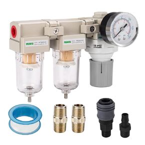 3/8" NPT Compressed Air Double Filter & Regulator, Air Drying System, Air Compressor Water Separator, Semi-Auto Drain, 0-150 psi Gauge, 5 Micron Brass Element