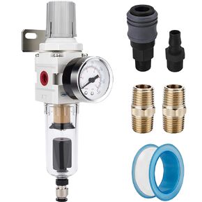 NANPU 1/2" NPT Compressed Air Filter Regulator Combo Piggyback, 5 Micron Brass Element, Poly Bowl, Semi-Auto Drain, Metal Bracket, 0-150 psi Gauge
