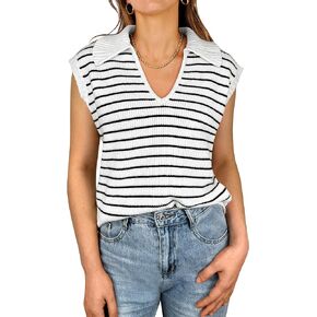 ANRABESS Women Summer Sleeveless Knit Sweater Top Striped Polo Collared V Neck Tank Crop Vest 2024 Trendy Spring Outfits