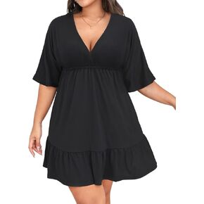 Daci Women Plus Size Swimsuit Cover Ups V Neck Bathing Suit Coverups Short Sleeve Beach Dress Swim Cover Up