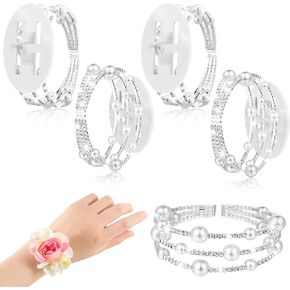 4 Pieces Corsage Bracelet Wrist Bands Bride Pearl Rhinestone Bracelet Elastic Wrist Corsage Bracelet DIY Wedding Wristband Faux Pearl Adjustable Wristband Corsage Accessory for Bridal Party Prom