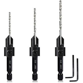 5-pc Woodworking Countersink Counterbore Drill Bit Set 3in1 for #6 8 10 12 16 Screws, M2 Pilot Drill Bits Adjustable Depth, 82-Degree Chamfer with Stop, 1/4" Hex Shank, Includes 2 Allen Wrenches