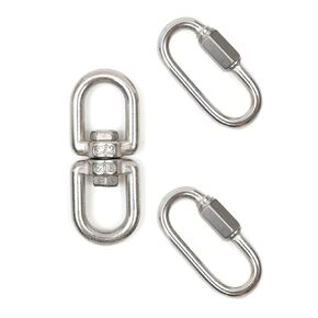 2PCS 304 Stainless Steel M5 Chain Quick Link Oval Locking Carabiner, Key Chain Connector, with 1PC M6 304 Stainless Steel Double Ended Swivel Eye Hook