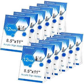Carmanon Plastic Sign Holder 8.5 X 11, 12 Pack Plastic Paper Holder, White Outdoor Plastic Display Stands with Wide Base, Heavy Duty Slant Plastic Frames for Restaurant, Office, School, Store, Home