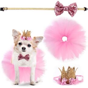 3 Packs Dog Birthday Party Supplies Girl Dog Pink Tutu Skirt Birthday Crown Hat Bowtie Pet Costume Apparel Small Dogs Cats Puppy Cute Dresses (Hat+Bowtie+Skirt) in Kuwait