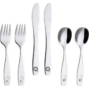 مجموعة أدوات المائدة الآمنة للأطفال من أنوفا، 6 قطع من الفولاذ المقاوم للصدأ - 3 × شوك للأطفال، 3 × ملعقة عشاء، أواني الأطفال الصغار، لصندوق الغداء (حيوانات السفاري الفيل المحفور، الزرافة، الأسد) in Kuwait