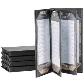 Menu Holder Menu Covers 4.25" x 11" | 10 Pack Black Leather Menu Sleeves Book Style for Restaurant Coffee Bars Wine List (6 View, 10 Pack)