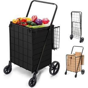 HABUTWAY Folding Shopping Cart with Wheels 360 Degree Rolling Swivel Grocery Cart with Removable Oxford Cloth Liner Compact Utility Cart for Groceries Luggage Laundry,220lb Capacity Black