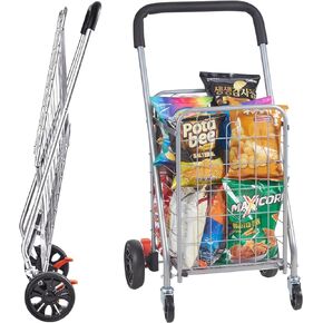 VEVOR Folding Shopping Cart, 66 lbs Max Load Capacity, Grocery Utility Cart with Rolling Swivel Wheels, Heavy Duty Foldable Laundry Basket Trolley Compact Lightweight Collapsible for Luggage, Silver