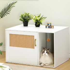 Cat Litter Box Enclosure with Rattan Door, Hidden Litter Box Furniture, Boho Style Wooden Pet House Side End Table, Storage Cabinet Bench, Living Room, Bedroom, Greige CB05605X