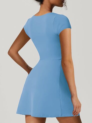 Women's Athletic Tennis Dress with Shorts Square Neck Short Sleeve Workout Golf Side Slit Casual Mini Dress in Saudi Arabia