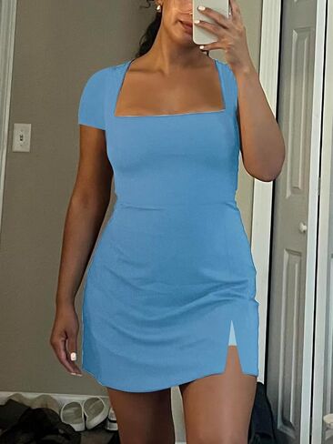 Women's Athletic Tennis Dress with Shorts Square Neck Short Sleeve Workout Golf Side Slit Casual Mini Dress in Saudi Arabia