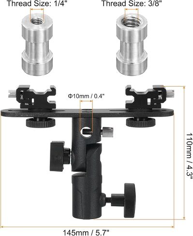 PATIKIL Camera Flash Bracket, E-Shape Light Stand Adapter Double Head Adjustable Umbrella Holder for 1/4" to 3/8" Lamp Mount Tripod, Black in Saudi Arabia
