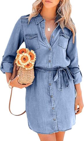 utcoco Women's Casual Button Down Jean Shirt Dress Long Sleeve Tie Waist Lightweight Denim Shirt Dress in Saudi Arabia