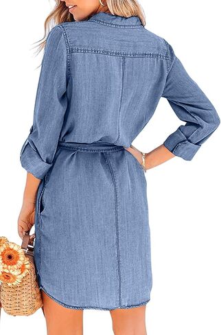 utcoco Women's Casual Button Down Jean Shirt Dress Long Sleeve Tie Waist Lightweight Denim Shirt Dress in Saudi Arabia