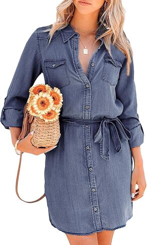 utcoco Women's Casual Button Down Jean Shirt Dress Long Sleeve Tie Waist Lightweight Denim Shirt Dress in Saudi Arabia