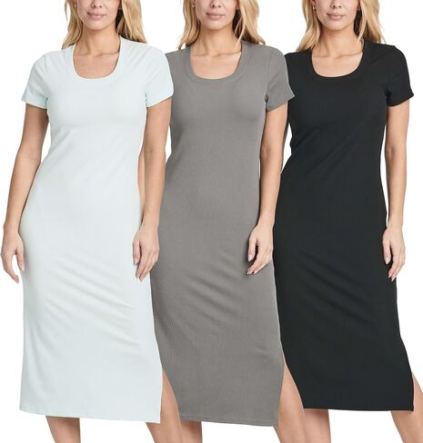 3 Pack: Women's Ribbed Jersey Crew Neck Short Sleeve Midi Length Dress with Side Slit in Saudi Arabia