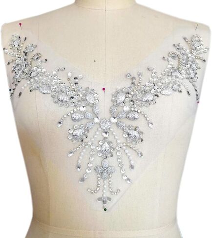 Sparkle Beaded V-Neck Blue AB Color Sew On Neckline Sequin Rhinestones Crystal Trim Bridal Applique Design Patch Sewing for Wedding Dresses DIY Craft 12x15 Inch (Light Blue) in Saudi Arabia