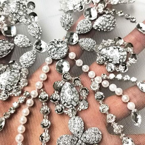 Sparkle Beaded V-Neck Blue AB Color Sew On Neckline Sequin Rhinestones Crystal Trim Bridal Applique Design Patch Sewing for Wedding Dresses DIY Craft 12x15 Inch (Light Blue) in Saudi Arabia