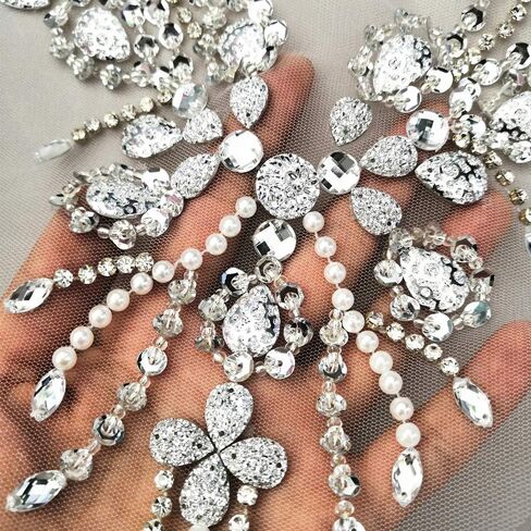 Sparkle Beaded V-Neck Blue AB Color Sew On Neckline Sequin Rhinestones Crystal Trim Bridal Applique Design Patch Sewing for Wedding Dresses DIY Craft 12x15 Inch (Light Blue) in Saudi Arabia