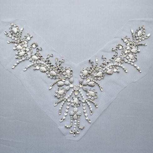 Sparkle Beaded V-Neck Blue AB Color Sew On Neckline Sequin Rhinestones Crystal Trim Bridal Applique Design Patch Sewing for Wedding Dresses DIY Craft 12x15 Inch (Light Blue) in Saudi Arabia