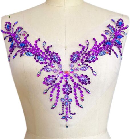 Sparkle Beaded V-Neck Blue AB Color Sew On Neckline Sequin Rhinestones Crystal Trim Bridal Applique Design Patch Sewing for Wedding Dresses DIY Craft 12x15 Inch (Light Blue) in Saudi Arabia