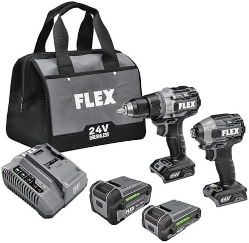 مجموعة أدوات كومبو لاسلكية بدون فرشاة FLEX 24V مكونة من أداتين: مفك مثقاب 1/2 بوصة مع وضع توربو ومحرك تأثير سداسي سريع الإخراج 1/4 بوصة مع بطاريات ليثيوم 2.5 أمبير و5.0 أمبير وشاحن سريع 160 وات - FXM204-2B in Kuwait