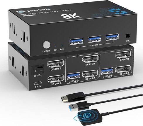 DisplayPort KVM Switch 2 شاشات 2 جهاز كمبيوتر، مع 3 محاور USB 3.0، 8K@60 هرتز DP 1.4 مفتاح KVM ثنائي الشاشة، مفاتيح KVM عن بعد سلكية، مشاركة طابعة ماوس لوحة المفاتيح، EDID، التوصيل والتشغيل in Kuwait