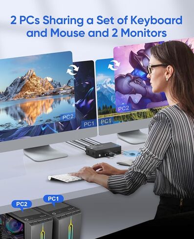 DisplayPort KVM Switch 2 شاشات 2 جهاز كمبيوتر، مع 3 محاور USB 3.0، 8K@60 هرتز DP 1.4 مفتاح KVM ثنائي الشاشة، مفاتيح KVM عن بعد سلكية، مشاركة طابعة ماوس لوحة المفاتيح، EDID، التوصيل والتشغيل in Kuwait