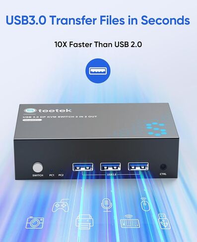 DisplayPort KVM Switch 2 شاشات 2 جهاز كمبيوتر، مع 3 محاور USB 3.0، 8K@60 هرتز DP 1.4 مفتاح KVM ثنائي الشاشة، مفاتيح KVM عن بعد سلكية، مشاركة طابعة ماوس لوحة المفاتيح، EDID، التوصيل والتشغيل in Kuwait