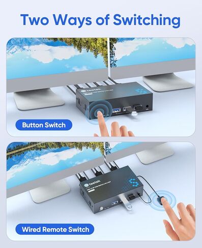 DisplayPort KVM Switch 2 شاشات 2 جهاز كمبيوتر، مع 3 محاور USB 3.0، 8K@60 هرتز DP 1.4 مفتاح KVM ثنائي الشاشة، مفاتيح KVM عن بعد سلكية، مشاركة طابعة ماوس لوحة المفاتيح، EDID، التوصيل والتشغيل in Kuwait