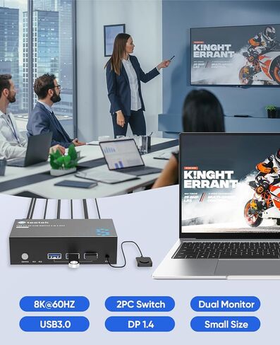 DisplayPort KVM Switch 2 شاشات 2 جهاز كمبيوتر، مع 3 محاور USB 3.0، 8K@60 هرتز DP 1.4 مفتاح KVM ثنائي الشاشة، مفاتيح KVM عن بعد سلكية، مشاركة طابعة ماوس لوحة المفاتيح، EDID، التوصيل والتشغيل in Kuwait