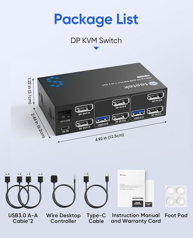 DisplayPort KVM Switch 2 شاشات 2 جهاز كمبيوتر، مع 3 محاور USB 3.0، 8K@60 هرتز DP 1.4 مفتاح KVM ثنائي الشاشة، مفاتيح KVM عن بعد سلكية، مشاركة طابعة ماوس لوحة المفاتيح، EDID، التوصيل والتشغيل in Kuwait