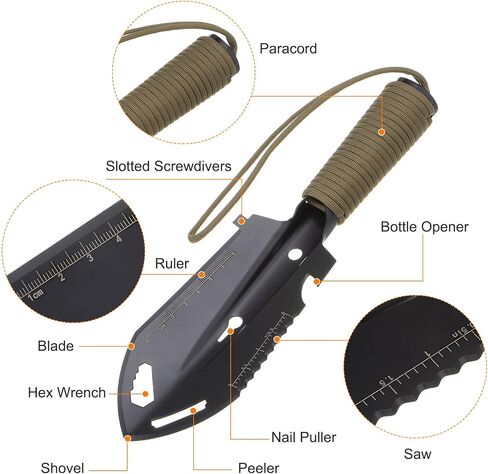 Multifunctional Camping Shovel 9 in 1 Multi-Purpose Backpacking Shovels with Carrying Bag for Outdoor Camping Hiking, Black Khaki in Saudi Arabia
