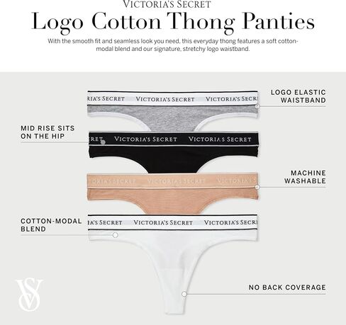 Victoria's Secret Cotton Logo Thong Panty Pack, Underwear for Women, 5 Pack, Spring Mix (L) in Saudi Arabia