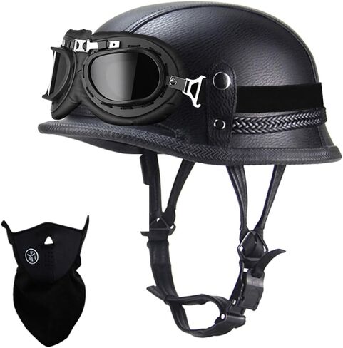 German Style Motorcycle Helmet, Retro Leather Motorcycle Half Helmet Skull Cap for Adult Men Women, Vintage Open Face Half Shell Helmet for Cruiser Scooter Chopper, DOT Approved in Saudi Arabia