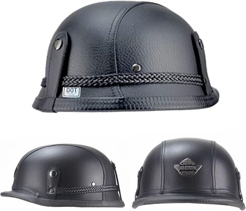 German Style Motorcycle Helmet, Retro Leather Motorcycle Half Helmet Skull Cap for Adult Men Women, Vintage Open Face Half Shell Helmet for Cruiser Scooter Chopper, DOT Approved in Saudi Arabia