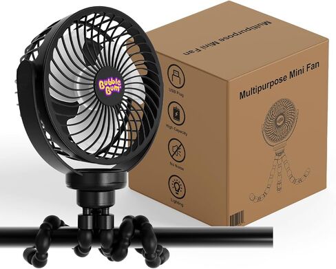 مروحة فقاعات محمولة لعربة الأطفال، مروحة سفر قابلة لإعادة الشحن، مشبك على مروحة عربة الأطفال للسرير والسيارة وجهاز المشي والدراجة، مروحة محمولة صغيرة مع 3 إعدادات للسرعة والإضاءة بالإضافة إلى دوران 360 درجة - أسود in Kuwait