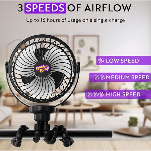 مروحة فقاعات محمولة لعربة الأطفال، مروحة سفر قابلة لإعادة الشحن، مشبك على مروحة عربة الأطفال للسرير والسيارة وجهاز المشي والدراجة، مروحة محمولة صغيرة مع 3 إعدادات للسرعة والإضاءة بالإضافة إلى دوران 360 درجة - أسود in Kuwait