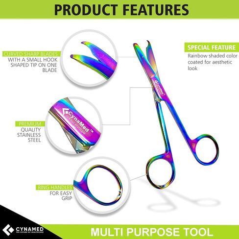 Cynamed Suture Stitch Scissors with Multicolor/Rainbow Titanium Coating - Premium Quality Instrument- Delicate Hook - Perfect for Suture Removal, First Aid, EMS Training and More (4.5 in. - Curved) in Saudi Arabia