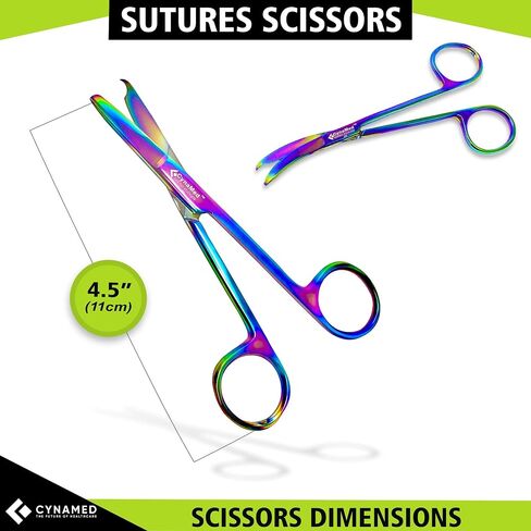 Cynamed Suture Stitch Scissors with Multicolor/Rainbow Titanium Coating - Premium Quality Instrument- Delicate Hook - Perfect for Suture Removal, First Aid, EMS Training and More (4.5 in. - Curved) in Saudi Arabia