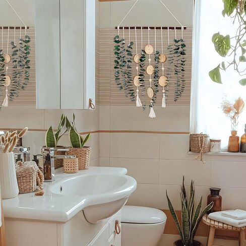 جدار الأوكالبتوس الحقيقي معلق لديكور الحمام - أوراق خضراء مجففة ينبع نباتات معلقة على الحائط على عصا خشبية مقاس 16.5 بوصة ديكور مزرعة ريفي بوهو لغرفة النوم والمطبخ وغرفة الطعام والحمام in Kuwait