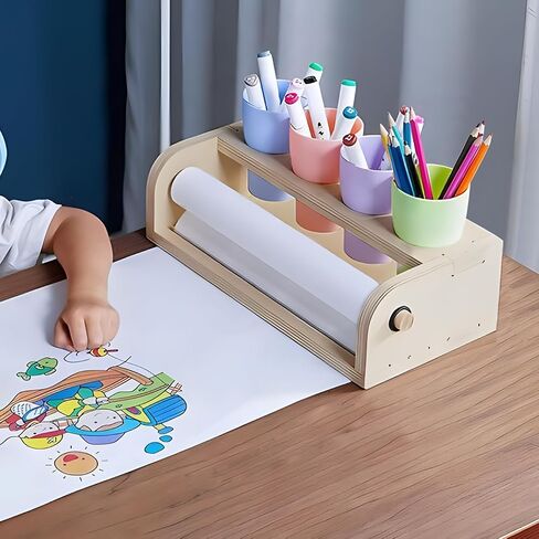 Wooden Tabletop Paper Roll Dispenser with Paper Roll and Pencil Holder Cups Craft Paper Roll Dispenser Desktop Paper Roll Holder Paper Roll Easel Art Paper Roll Stand for Kids in Saudi Arabia