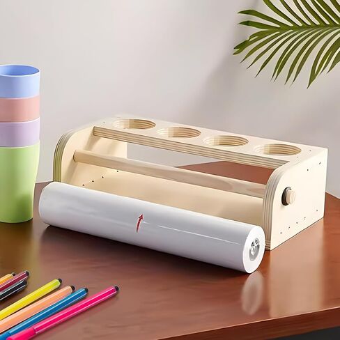 Wooden Tabletop Paper Roll Dispenser with Paper Roll and Pencil Holder Cups Craft Paper Roll Dispenser Desktop Paper Roll Holder Paper Roll Easel Art Paper Roll Stand for Kids in Saudi Arabia